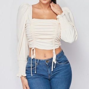 NEW Fashion Boutique Trendy Ruched Long Sleeve Top Blouse Zara style cream